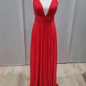 Windsor Red Plunge Pleated Maxi Dress